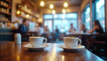 Two Coffee Cups in Cozy Cafe Setting photo
