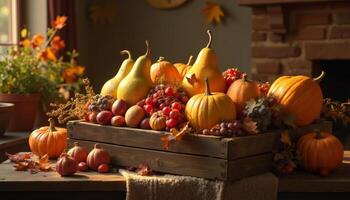 Autumn Harvest Abundance in Wooden Crate Thanksgiving Still Life photo