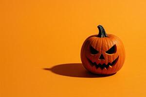 Single jacklantern on a clean orange background, dramatic shadow, lots of empty negative space for text, minimalist horror style, editorial use photo