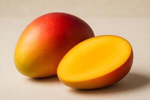 Ripe mango with a beautiful gradient from yellow to red, lying on a light background with a slight shadow. Cut, bright pulp is visible. photo