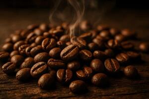 Close-up of roasted coffee beans scattered on a rustic wooden surface. Soft steam rising above them to suggest warmth and aroma. photo
