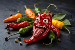 Funny red pepper making a face with other peppers and peppercorns on dark background photo