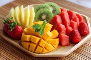 Sliced mango, kiwi, pineapple, strawberries and watermelon decorated with mint on wooden tray photo
