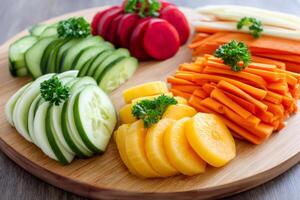 Sliced and chopped colorful vegetables arranged on round wooden cutting board photo