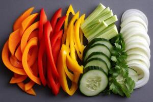 Sliced colorful vegetables arranged on gray background for healthy eating photo