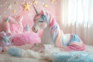 Beautiful unicorn toy relaxing on fluffy rug in pink decorated room photo