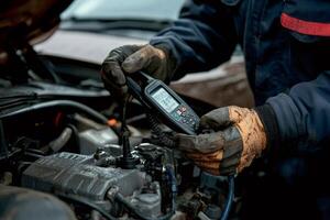 Auto mechanic using diagnostic tool checking car engine photo