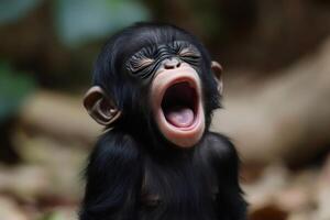 Baby chimpanzee yawning with wide open mouth photo