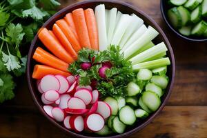 Fresh vegetables arranged in a wooden bowl creating a colorful and healthy meal photo