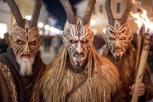 People wearing traditional krampus masks parading during a saint nicholas celebration photo