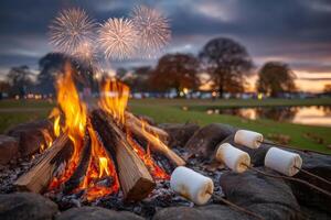 Roasting marshmallows over campfire with fireworks display in background during autumn evening photo
