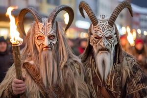 Two performers dressed as krampus figures are holding torches during a parade photo