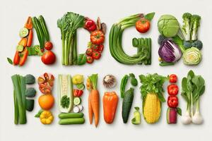 Fresh vegetables and fruits spelling add fruits and vegetables promoting healthy lifestyle photo