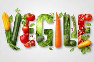 Fresh vegetables forming the word veggie on white background photo