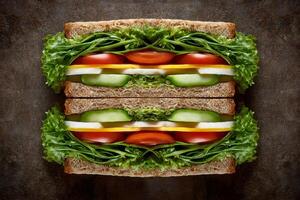 Nutritious whole wheat sandwich layered with fresh vegetables and cheese, creating a healthy and appealing meal photo