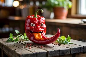 Red pepper making a funny face with cilantro and peppercorns on wooden table photo