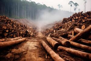 Deforestation creating path through cut trees and forest destruction photo