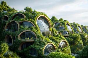 Futuristic green building showing sustainable architecture and design photo
