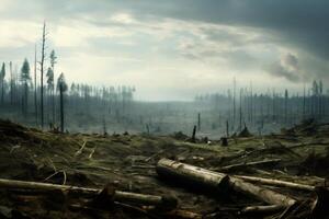 Burned forest showing environmental damage from wildfire with fallen trees photo