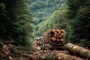 Logging trucks transporting timber through deforested area photo