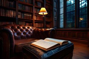 Open book resting on footstool in classic library setting with chesterfield sofa photo