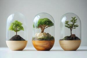 Small trees growing inside glass domes on wooden bases photo