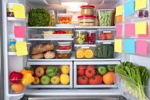Open refrigerator full of food and empty notes showing healthy diet and food storage photo