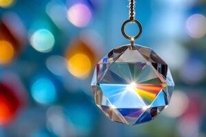 Crystal ball reflecting light with colorful bokeh background creating rainbow photo