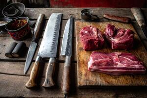 Butcher preparing meat with large knives on rustic wooden table photo