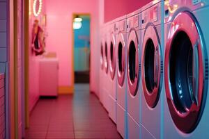 Row of washing machines in laundromat with pink neon light photo