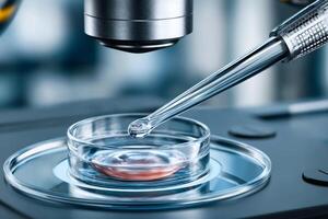 Scientist analyzing sample under microscope using pipette in laboratory photo