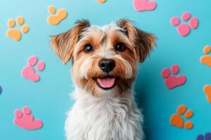 Adorable puppy posing on a vibrant background with colorful paw prints photo