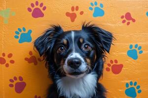 Adorable puppy posing on colorful background with paw prints photo