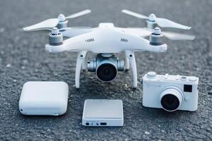 White drone with camera, battery and remote control standing on asphalt photo