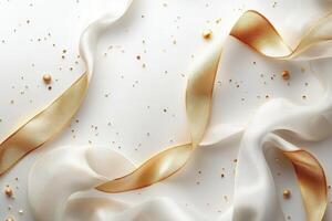 Elegant white and gold ribbons creating festive background with golden glitter photo