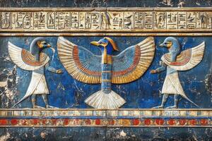 Ancient egyptian gods horus and behdety protecting ba bird depicted in colorful tomb relief photo