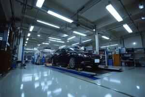 Modern car undergoing inspection on platform in automotive factory photo