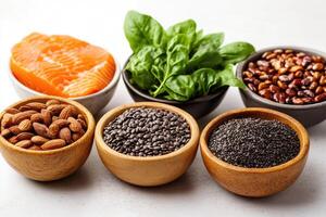 Selection of food containing omega 3 and omega 6 fatty acids promoting health and well-being photo