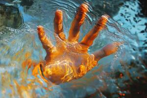 Hand reaching up from underwater, seeking help and rescue photo