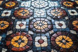 Colorful mosaic floor tiles showing intricate circular and square patterns photo