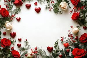 Valentine's day floral frame with red and white roses, glitter hearts, and greenery on white background photo