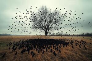 Crows flying and resting around bare tree in field photo