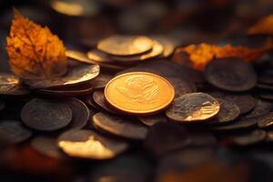 Golden coin standing out from other coins and autumn leaves photo