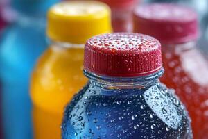 Refreshing cold colorful isotonic drinks bottles with condensation photo