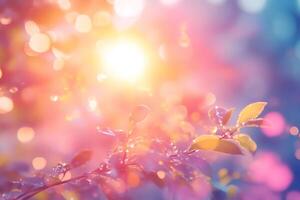 Fresh green leaves covered by dew drops with dreamy bokeh effect at sunset photo