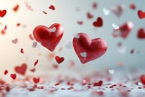 Two red hearts floating with smaller hearts in romantic atmosphere photo