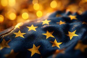 European union flag waving with golden bokeh lights background photo