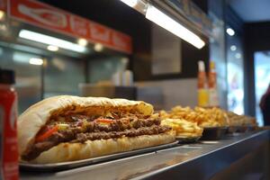 Jumbo sandwich filled with grilled meat, vegetables, and french fries displayed on fast food restaurant counter photo