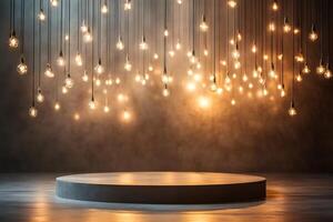 Empty round podium illuminated by hanging light bulbs creating a festive atmosphere photo