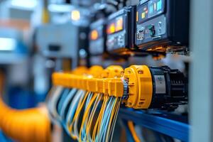 Close-up of plc wires connected to a control panel, showcasing automation in a modern industrial factory photo